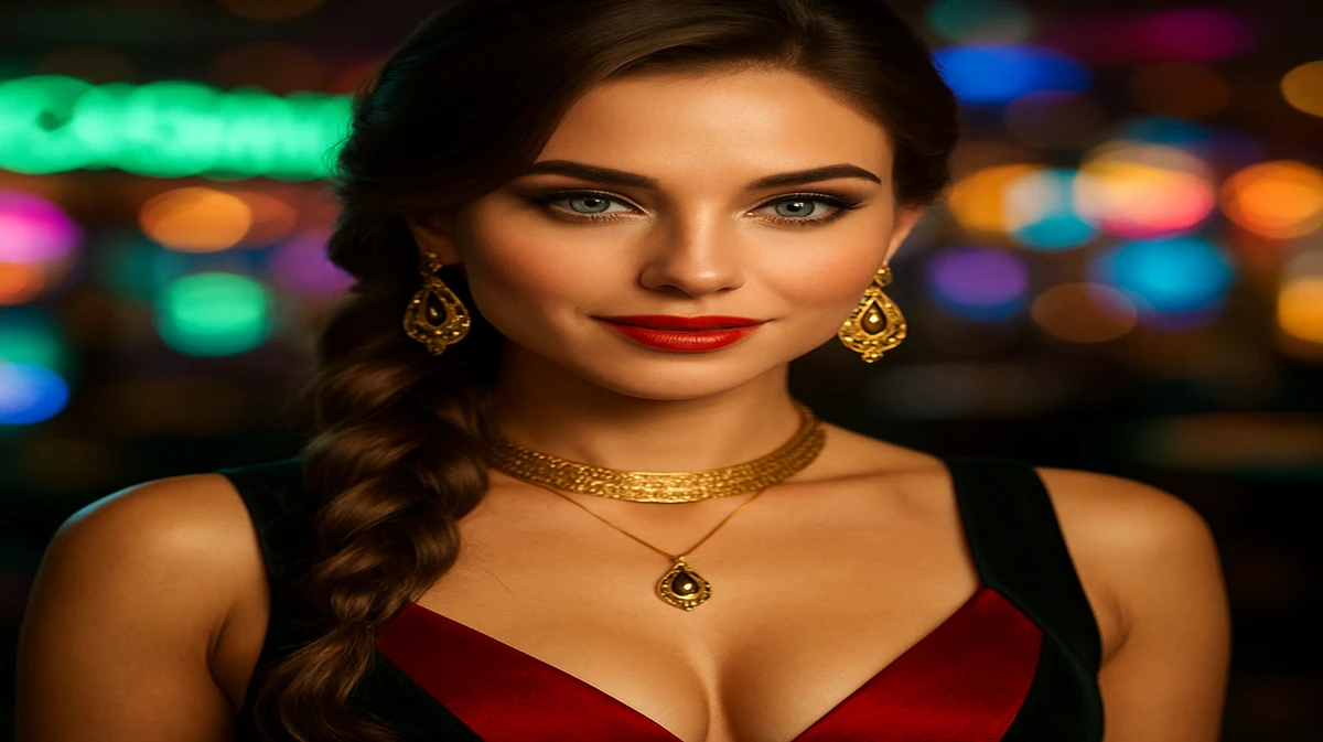 BE9999–এর জৌলুসপূর্ণ গেমিং প্ল্যাটফর্মে জাঁকালো মেকআপ ও অলংকারে সজ্জিত এক নারী মুগ্ধকর হাসি ছড়িয়ে দেন, আর পেছনের আর্কেড-গেমের রঙিন আলো ধোঁয়াটে হয়ে উঠেছে।