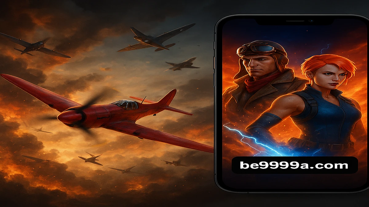BE9999-এ Aviator গেমটির প্রচারণামূলক চিত্র, যেখানে একটি লাল প্রপেলার বিমান বিস্ফোরণময় ভূখণ্ডের ওপর উড়ছে, ডান দিকে মোবাইল গেম ইন্টারফেস দেখা যাচ্ছে।