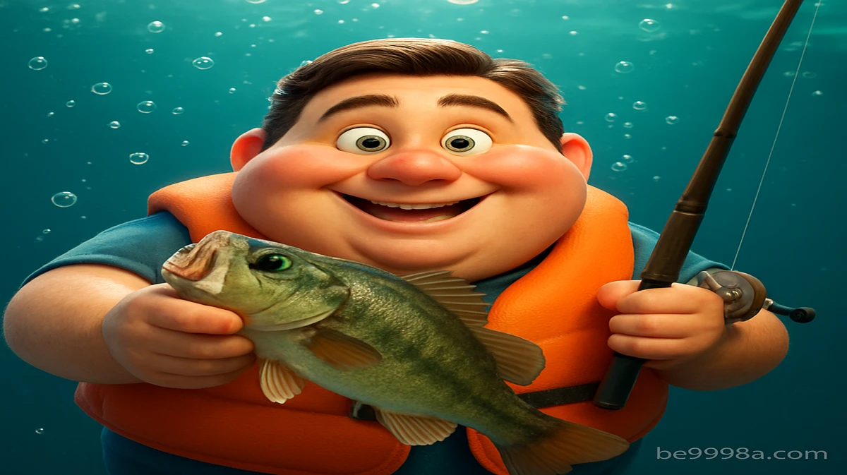 BE9999-এ উপলব্ধ Big Bass গেমটির কার্টুন চরিত্রটি পানির নিচে গর্বভরে একটি মাছ ও একটি মাছ ধরার রড ধরে আছে।