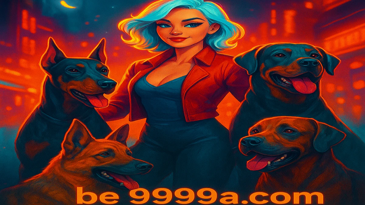 BE9999-এ The House Megaway গেমটির প্রচারণার আর্ট, যেখানে সাদা চুলের এক নারী বাংলাদেশের একটি শহরের রাতের দৃশ্যে বড়, কঠোর দৃষ্টির কয়েকটি কুকুরের মধ্যে দাঁড়িয়ে আছেন।
