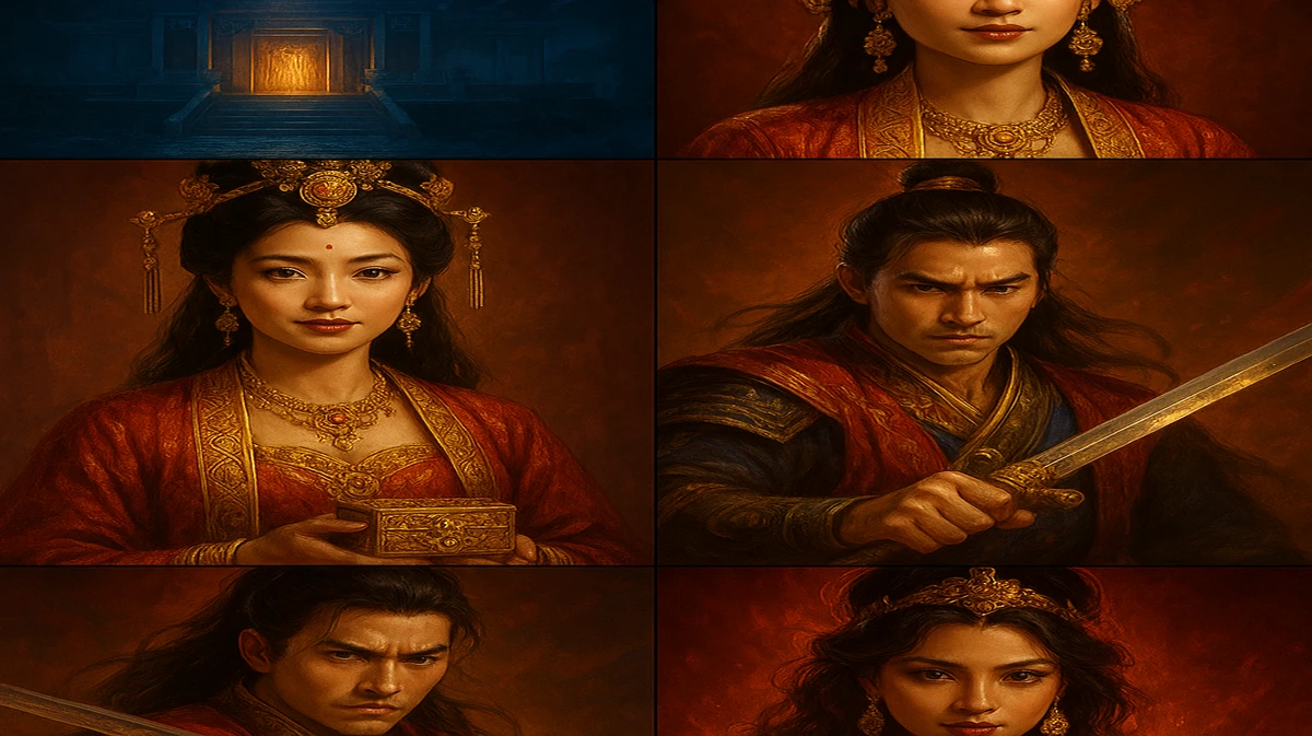 BE9999–র এশীয় থিমের আর্কেড গেমগুলোর একটি কোলাজ, ঐতিহ্যবাহী পোশাকে সুন্দর সম্রাজ্ঞীরা প্রাচীন মন্দির ও জ্বলন্ত আলো-প্রেক্ষাপটে হাজির।