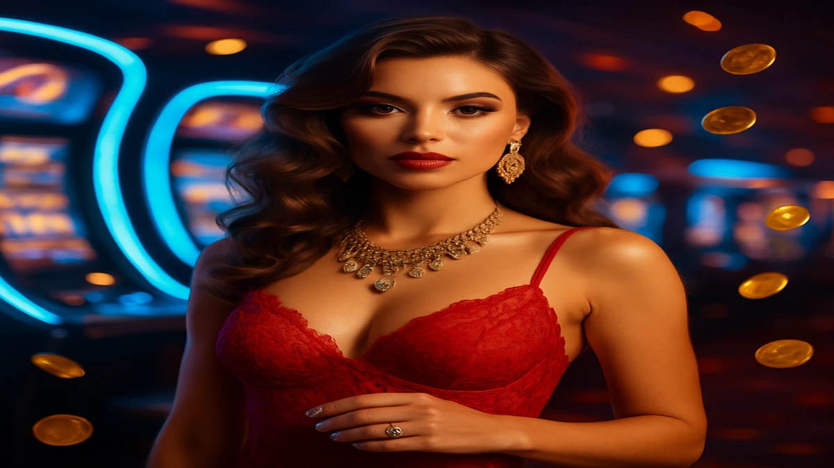 BE9999 গেমিং প্ল্যাটফর্মের উজ্জ্বল ও জ্বলন্ত আলোয় মঞ্চের মাঝখানে ঢেউখেলানো চুল এবং ঝলমলে ঝুমকা পরা এক সুন্দরী নারী দাঁড়িয়ে আছেন; তার চারপাশে আর্কেড গেমগুলো তাকে ঘিরে আছে।