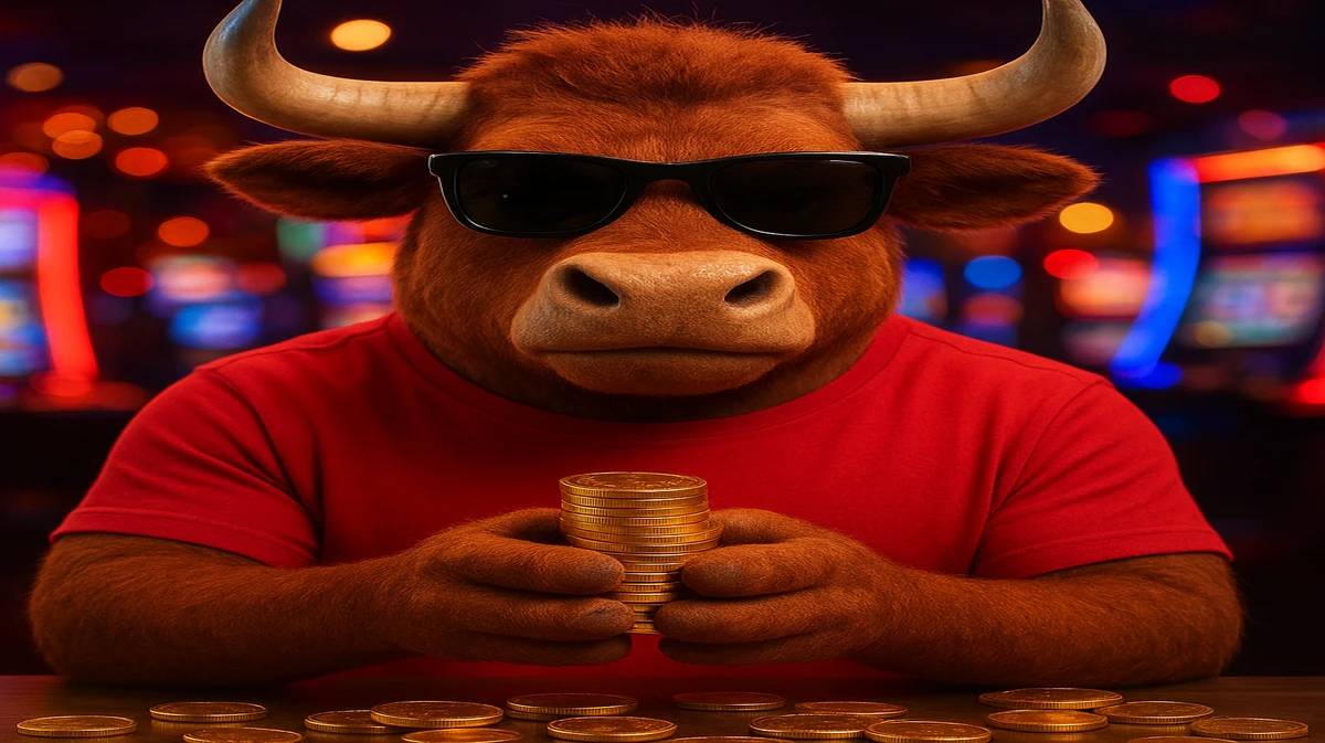 BE9999-এ Fortune Ox গেমটির শক্তিশালী মাস্কট, সানগ্লাস পরা একটি শীতল ষাঁড়, উজ্জ্বল গেমিং প্ল্যাটফর্ম-পরিবেশে স্বর্ণের কয়েনের স্তূপ ধরে রয়েছে।