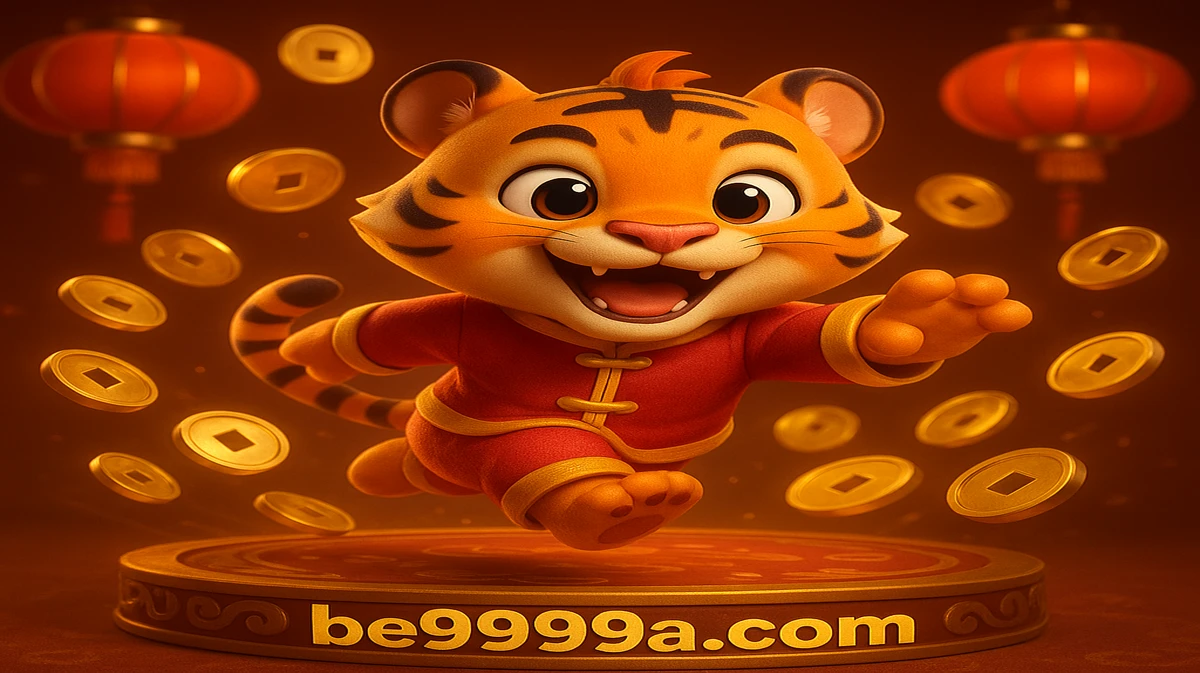 BE9999-এ Fortune Tiger গেমটির মিষ্টি কার্টুন মাস্কটটি একটি মার্শাল আর্ট পোজ নেয়, যেখানে সোনার কয়েন ঝরছে এবং সৌভাগ্যবান লাল লণ্ঠনসমূহ ঝলমল করছে।